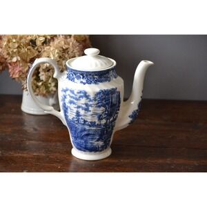 British Anchor Ironstone Coffee pot Memory Lane‎ Blue Transferware countryside